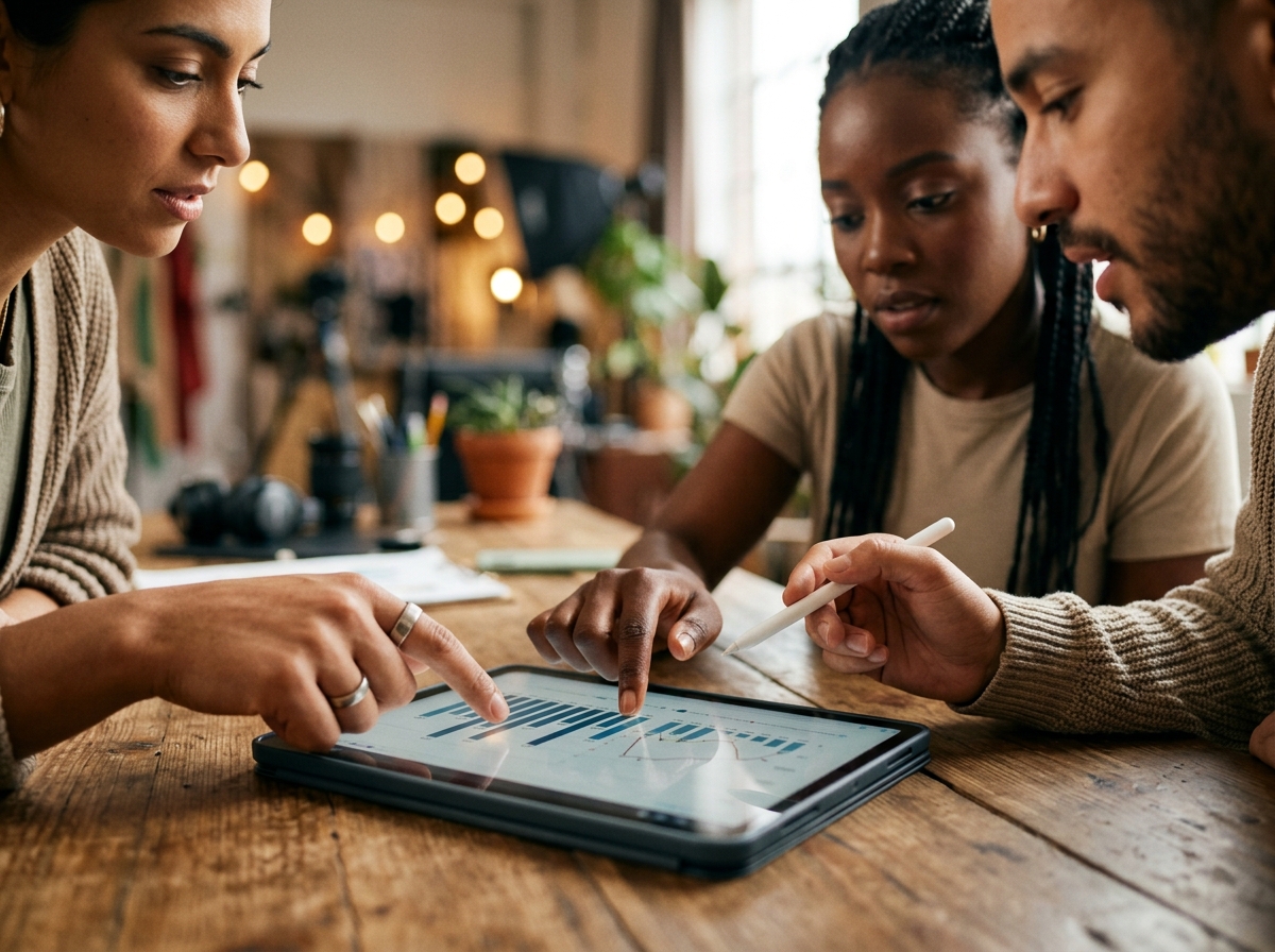 A diverse team of content creators collaborating and reviewing a portfolio's performance analytics on a tablet.