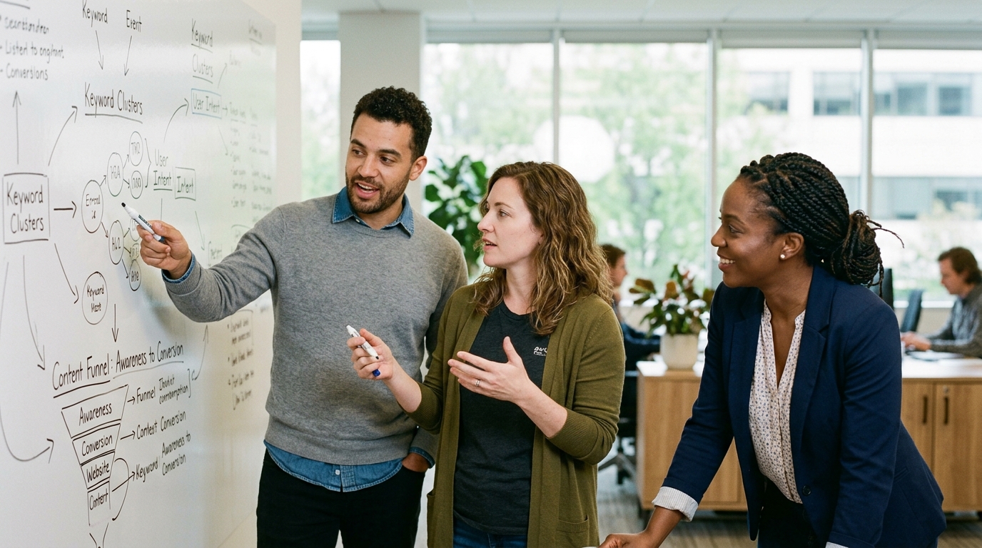 A diverse team of three marketing professionals collaborating on an SEO strategy around a whiteboard in a bright, modern office.