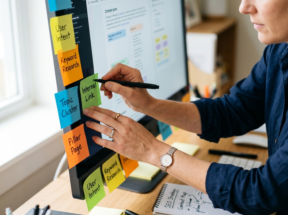 A content strategist carefully arranging sticky notes on a monitor to map out an on-page SEO and internal linking plan.