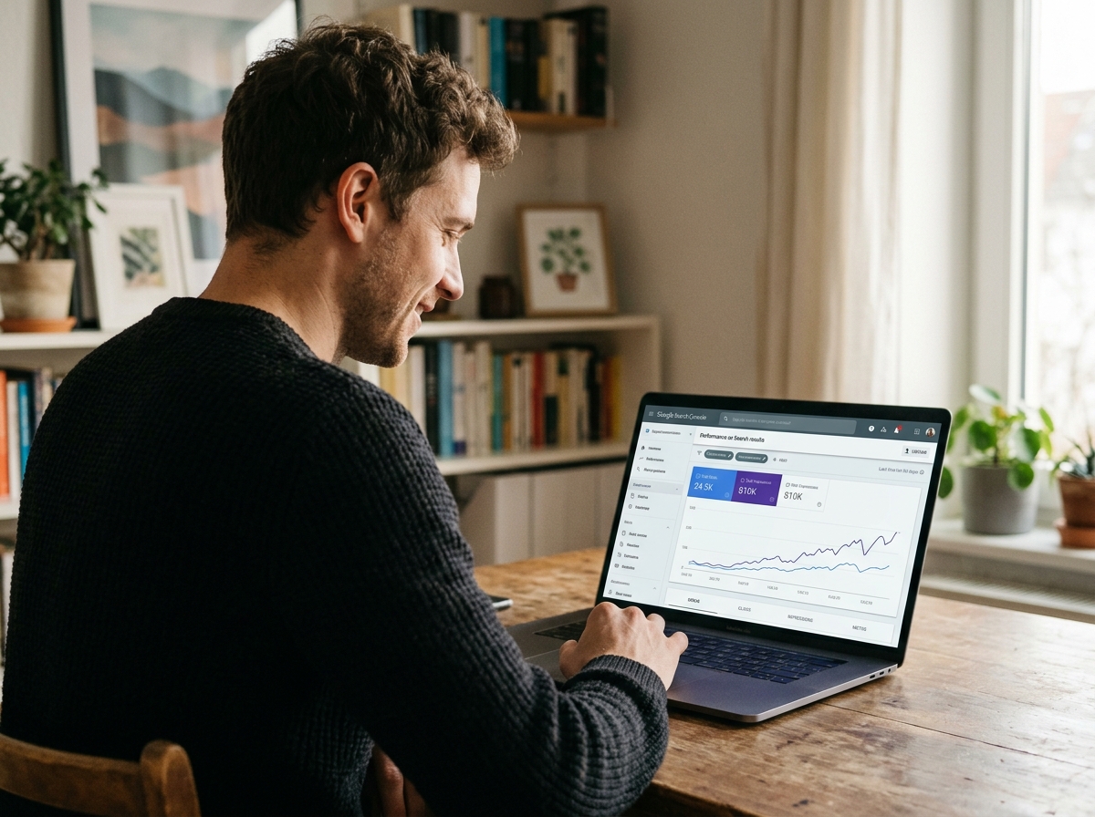 A solo founder looking at a Google Search Console dashboard on a laptop, showing a positive upward trend in organic traffic.