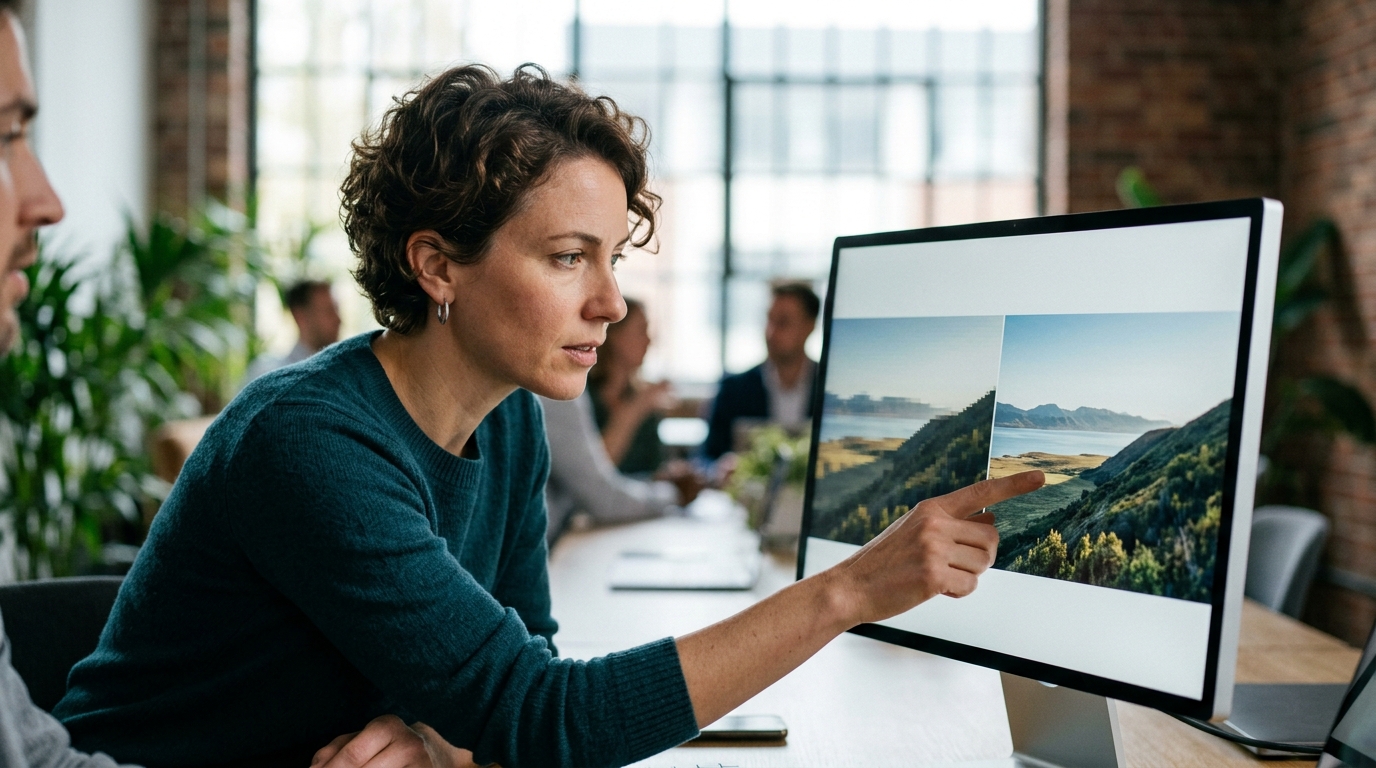 A microstock photographer at their desk reviewing an upscaled image on a large, color-calibrated monitor, comparing it to the original on a 