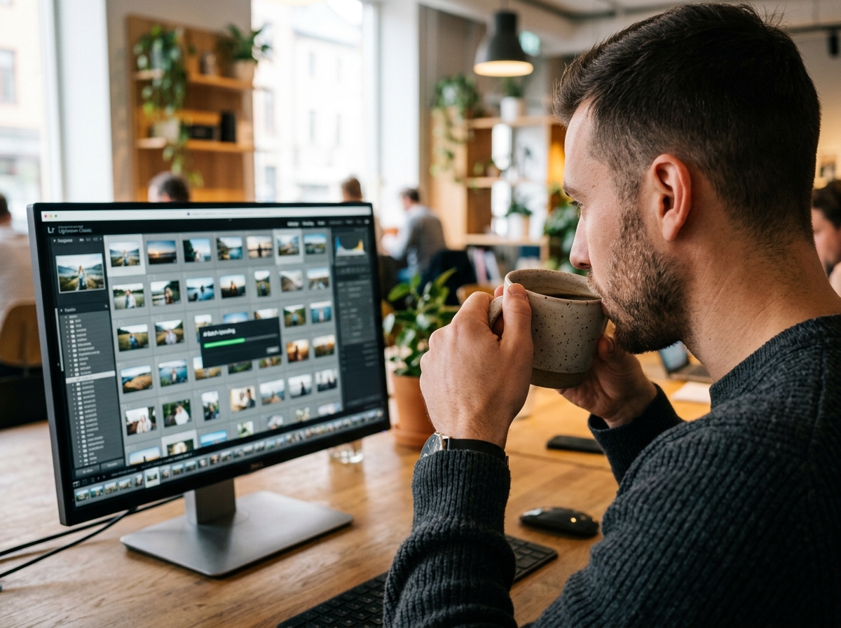 A content creator efficiently managing a large batch of photos on a computer, with a progress bar for an AI upscaling process visible on the