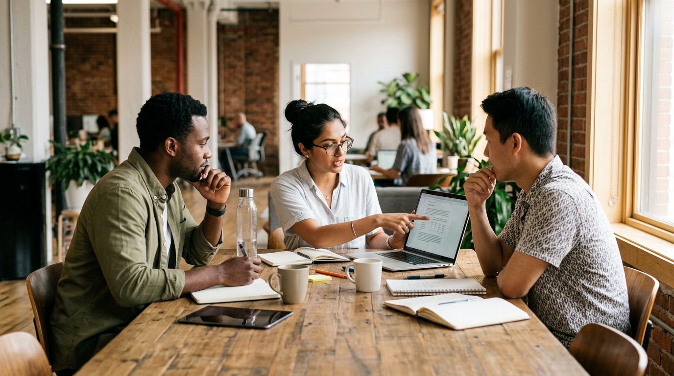 A diverse team of marketing professionals collaborating around a large wooden table, analyzing SEO performance data on a laptop.