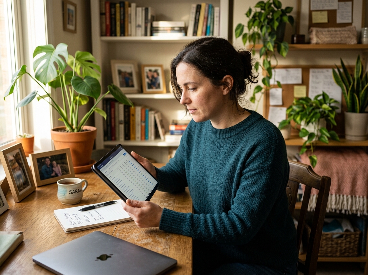 A solo entrepreneur using a tablet to conduct keyword research for their small business in a cozy home office setting.