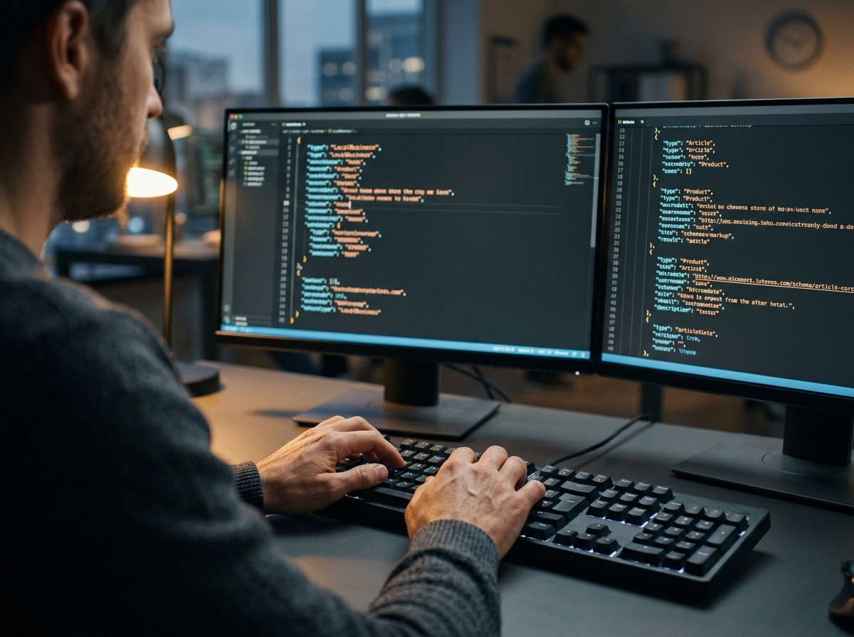 A close-up shot of a web developer's hands coding schema markup on a dual-monitor setup to improve technical SEO.