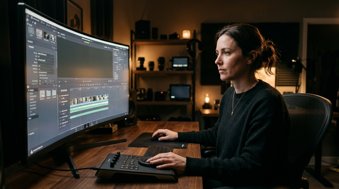 A professional videographer reviewing AI-generated metadata for their video clips in a modern studio.