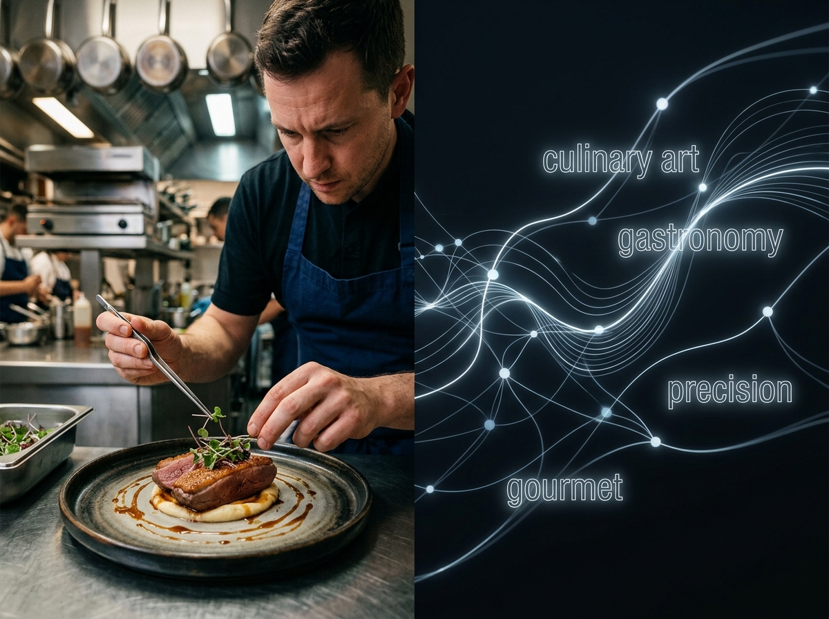 A visual representation of AI analyzing a video of a chef to generate conceptual keywords.