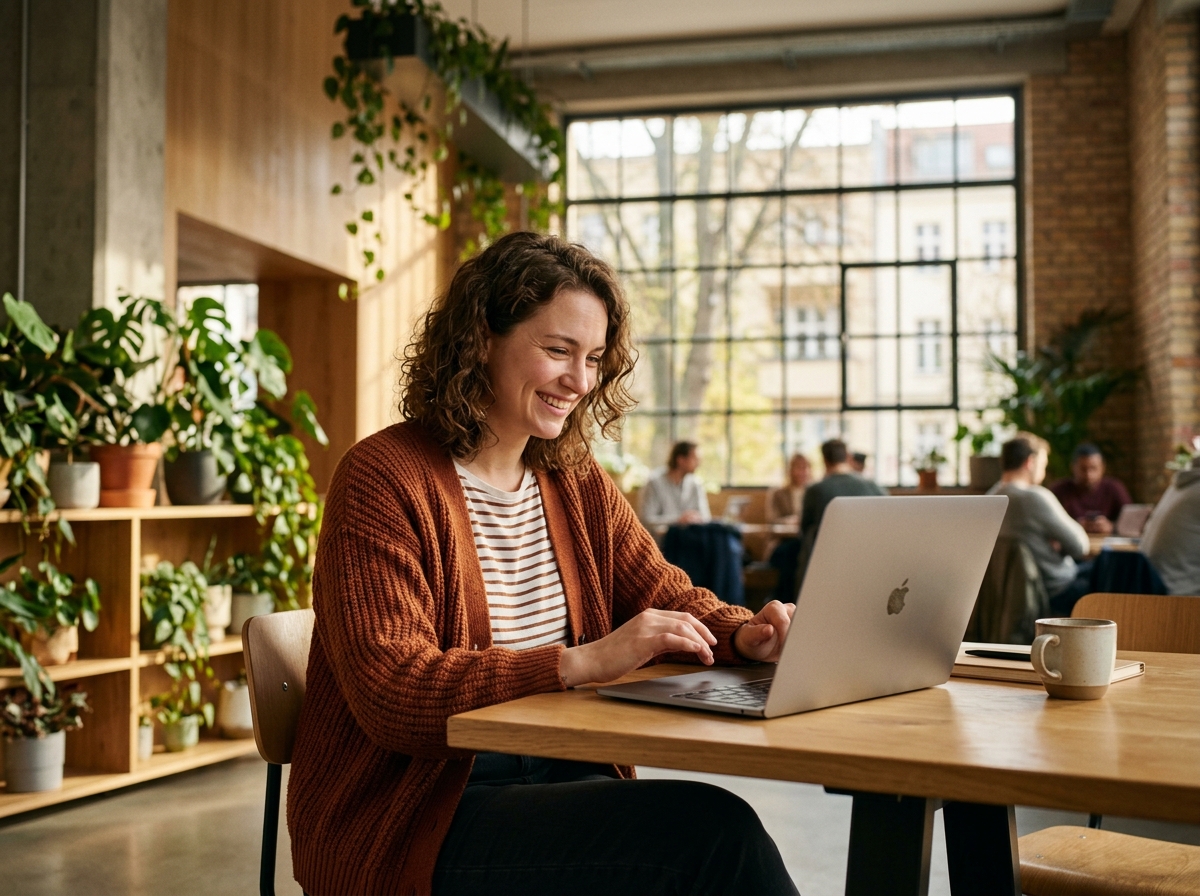 A content creator feeling relieved and efficient while using an AI tool to automate video metadata.