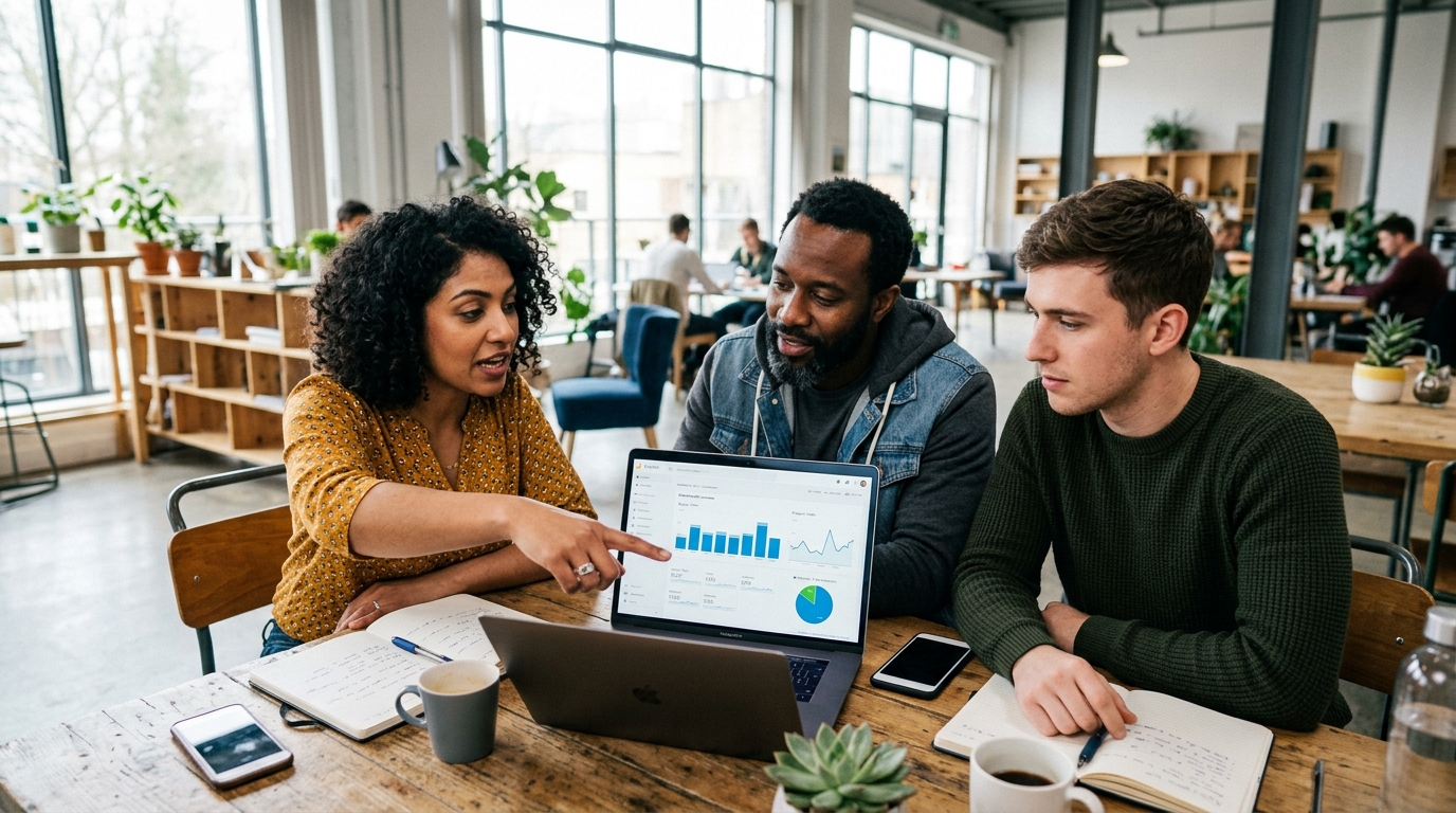 A diverse group of small business owners collaborating around a laptop showing website analytics.