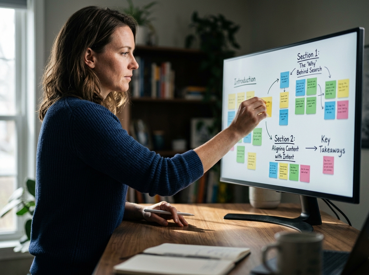 A content marketer planning an article's structure on a large monitor.