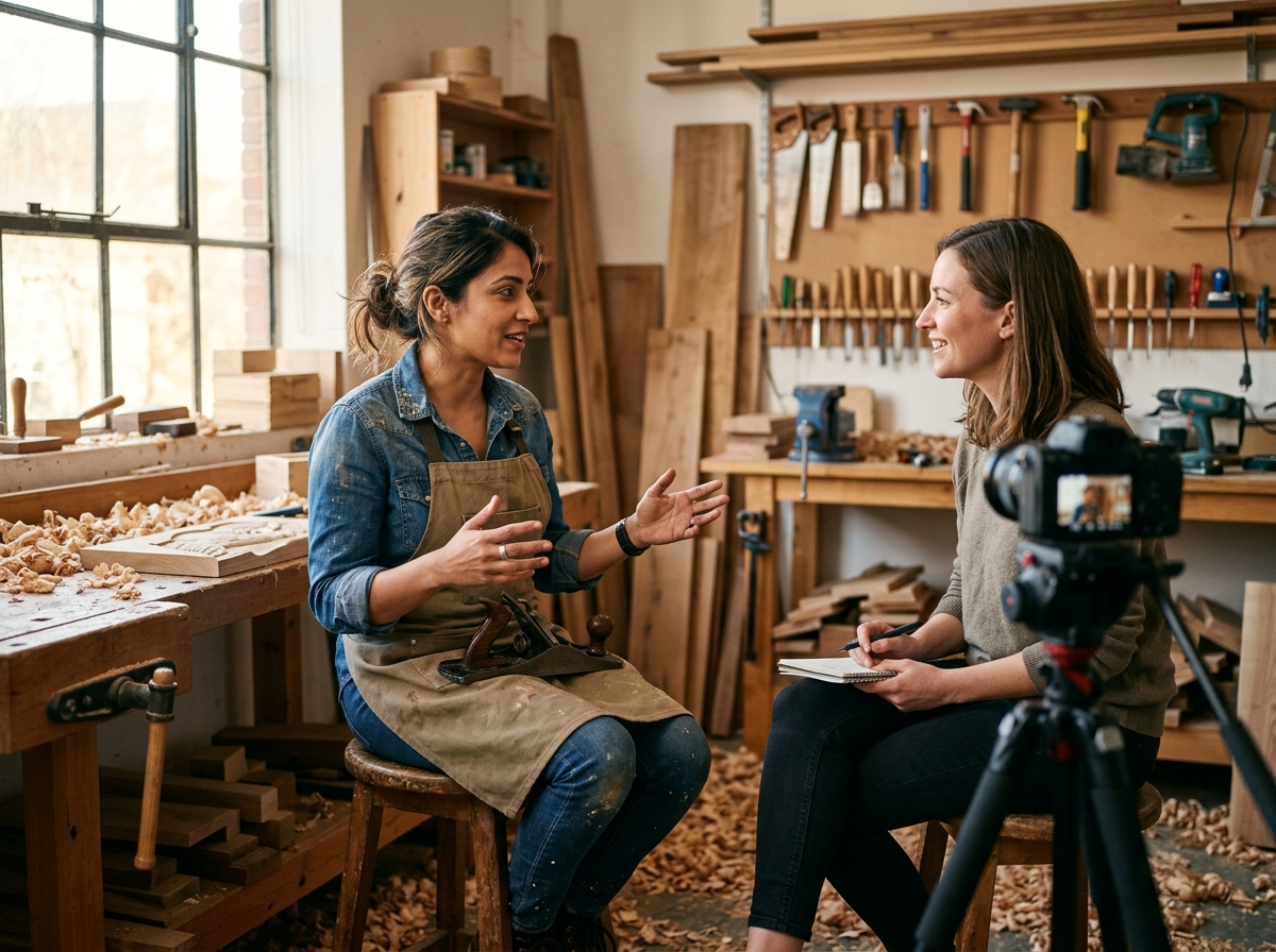 An expert artisan being interviewed in their workshop to demonstrate experience and expertise for their website.