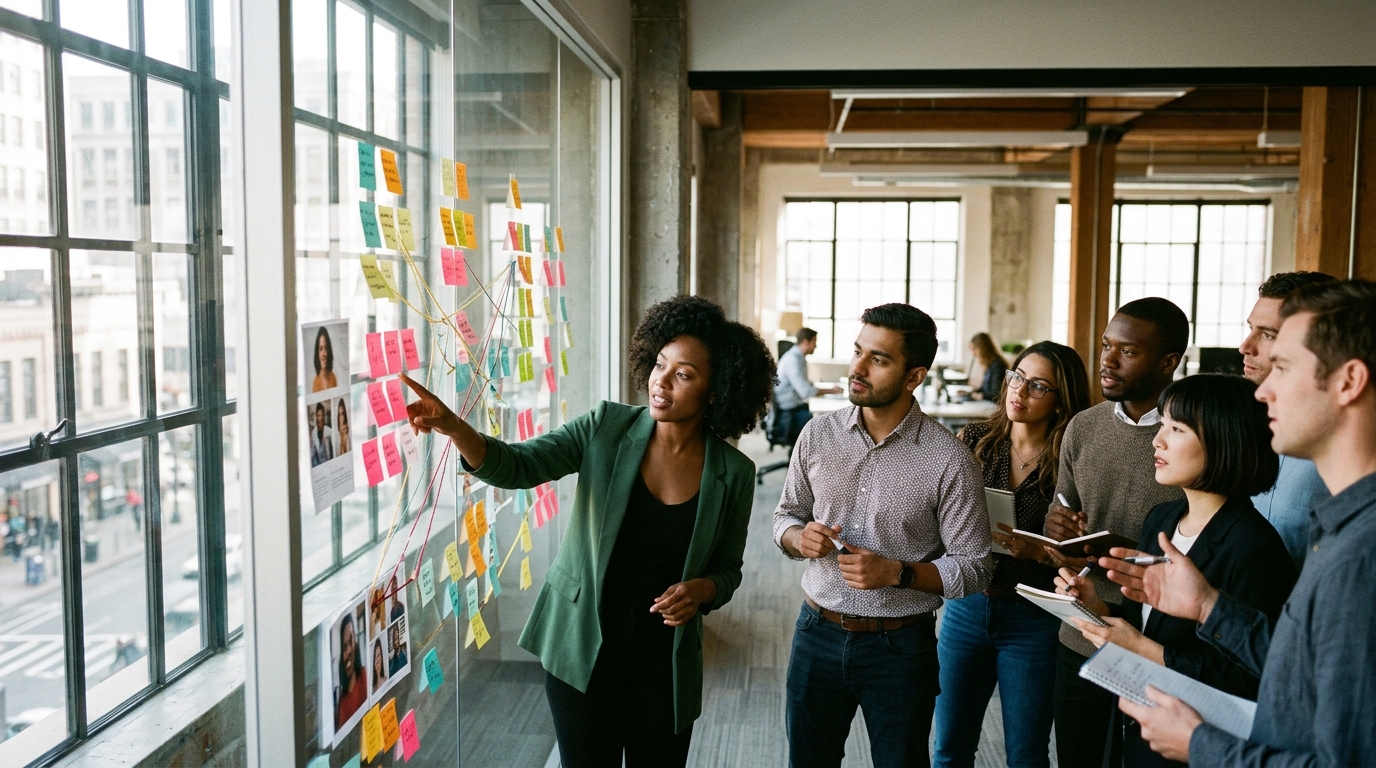 A diverse team of marketing professionals brainstorming user-centric SEO strategies around a large whiteboard.