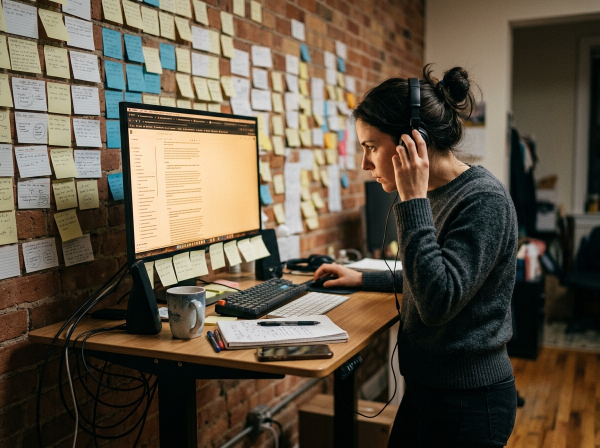 A content strategist deeply focused on creating 10x content, surrounded by research and data visualizations.