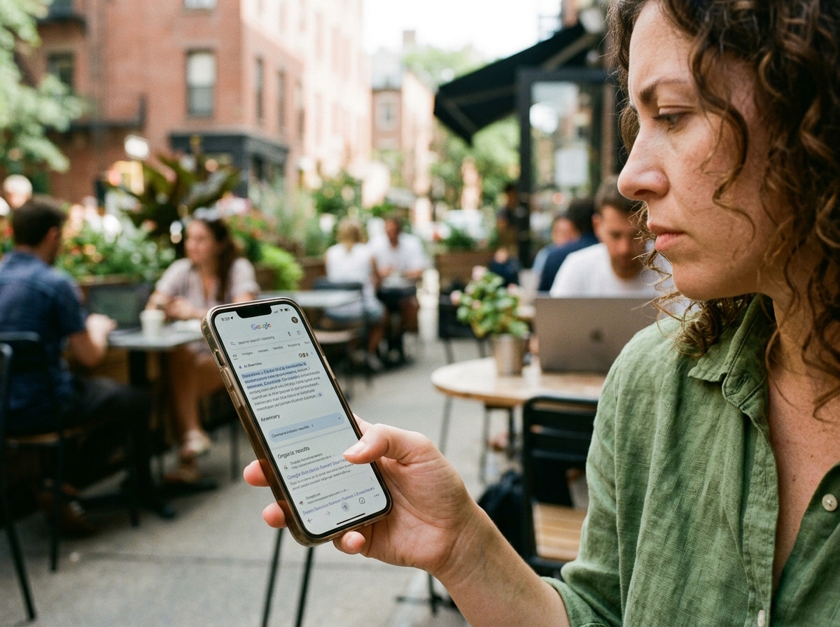 A small business owner analyzing a zero-click search result on their smartphone with an AI Overview.