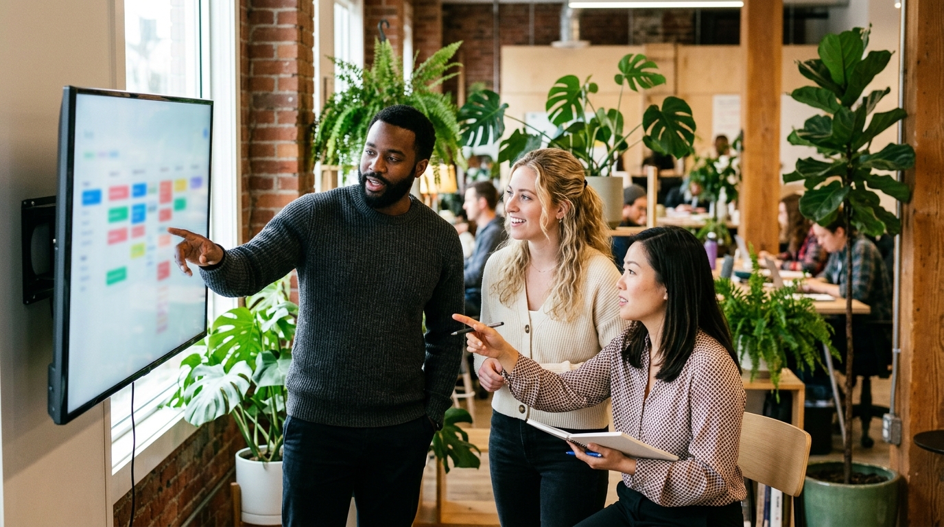 A diverse marketing team collaborating on an SEO article outline on a large monitor.