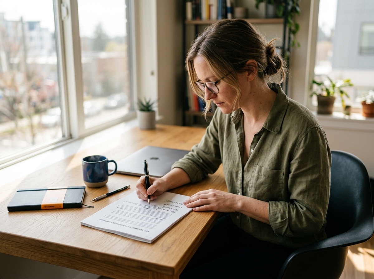 A professional writer carefully editing a printed draft of an article in a sunlit room.