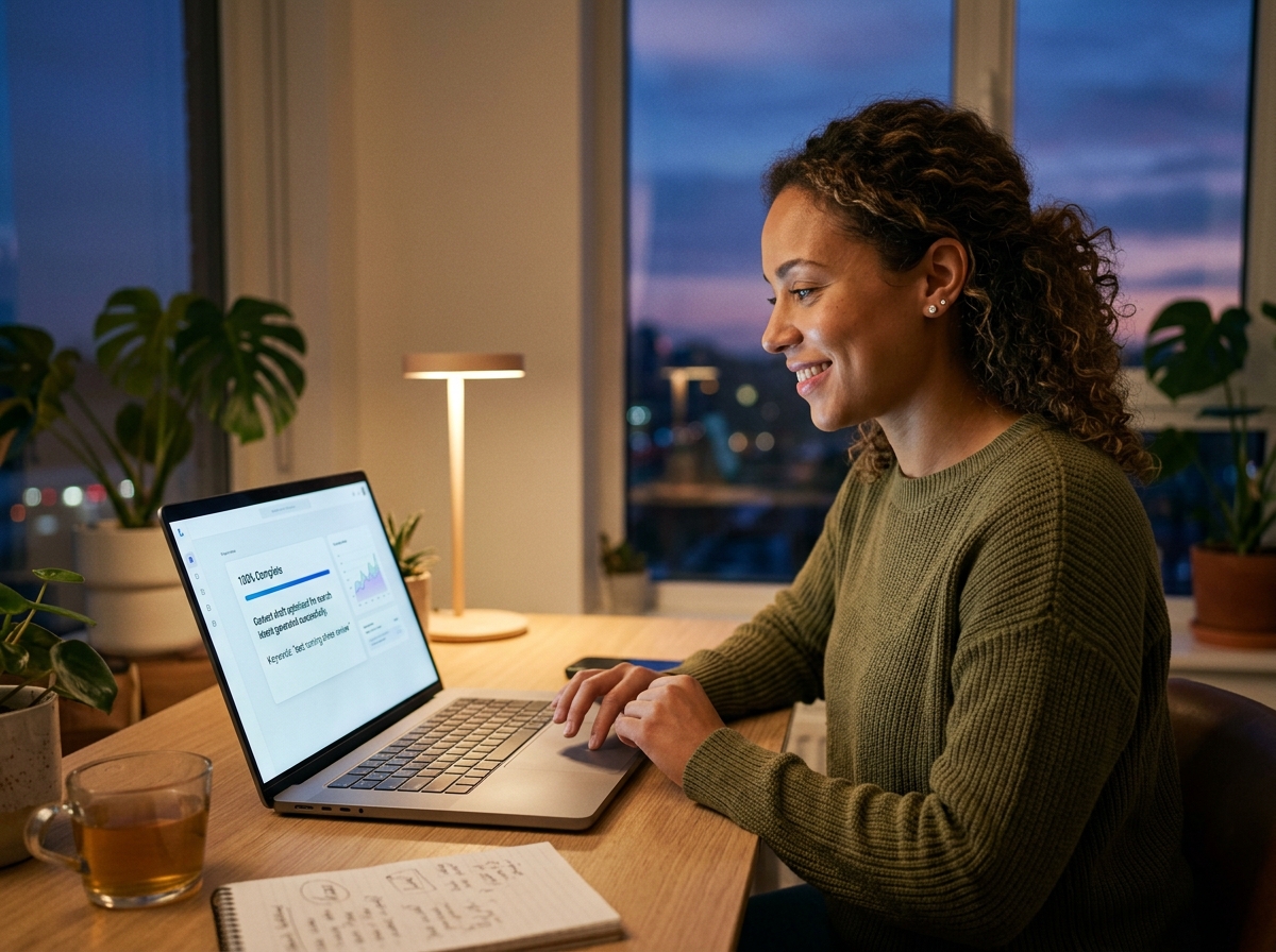A startup founder looking efficient while using an AI content generation tool on a laptop.