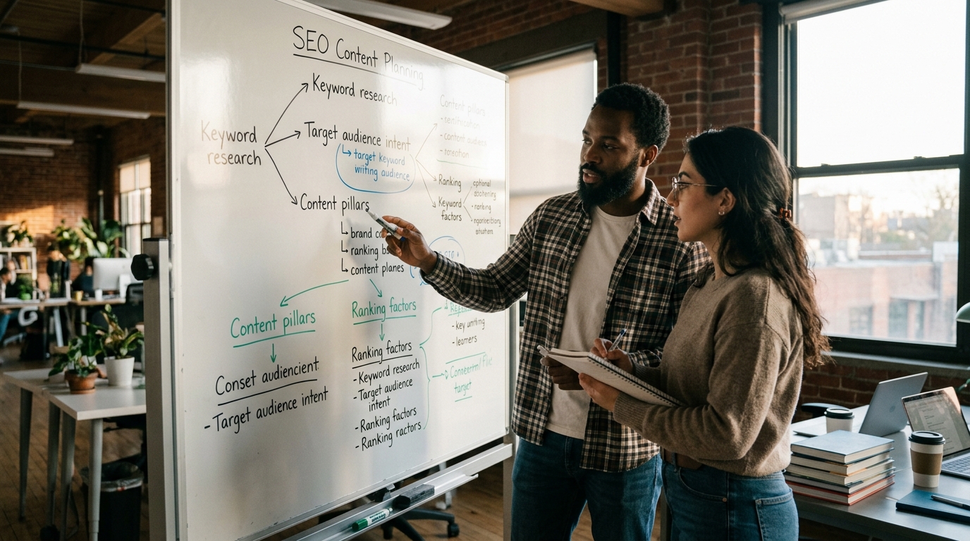 A content strategist and a business owner collaborating on an SEO article outline on a large whiteboard in a bright, modern office.