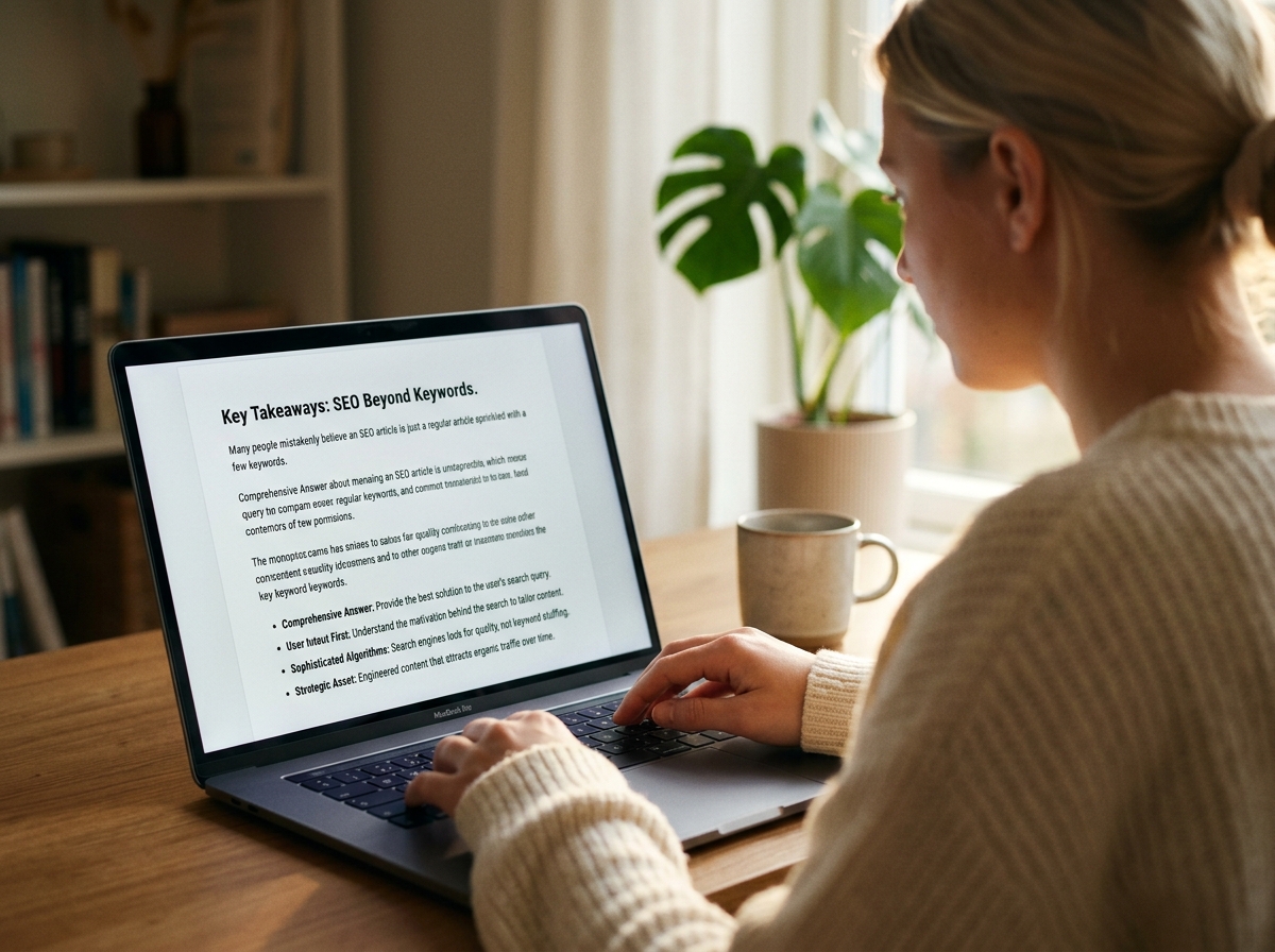 A close-up of a person's hands typing on a laptop, with a screen showing a well-structured article with clear headings and short paragraphs.