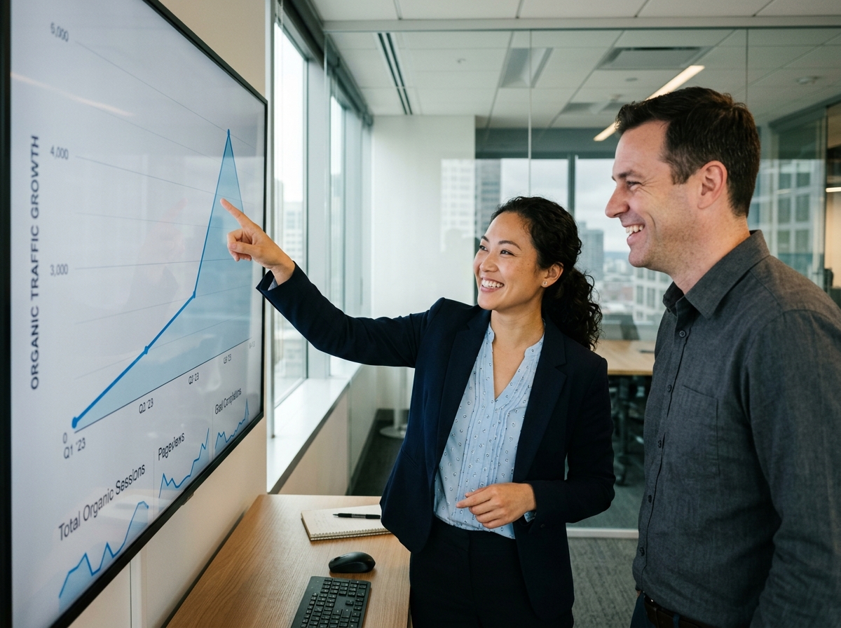 A data analyst pointing at a screen displaying a graph of rising organic traffic, explaining the success of an SEO article to a colleague.