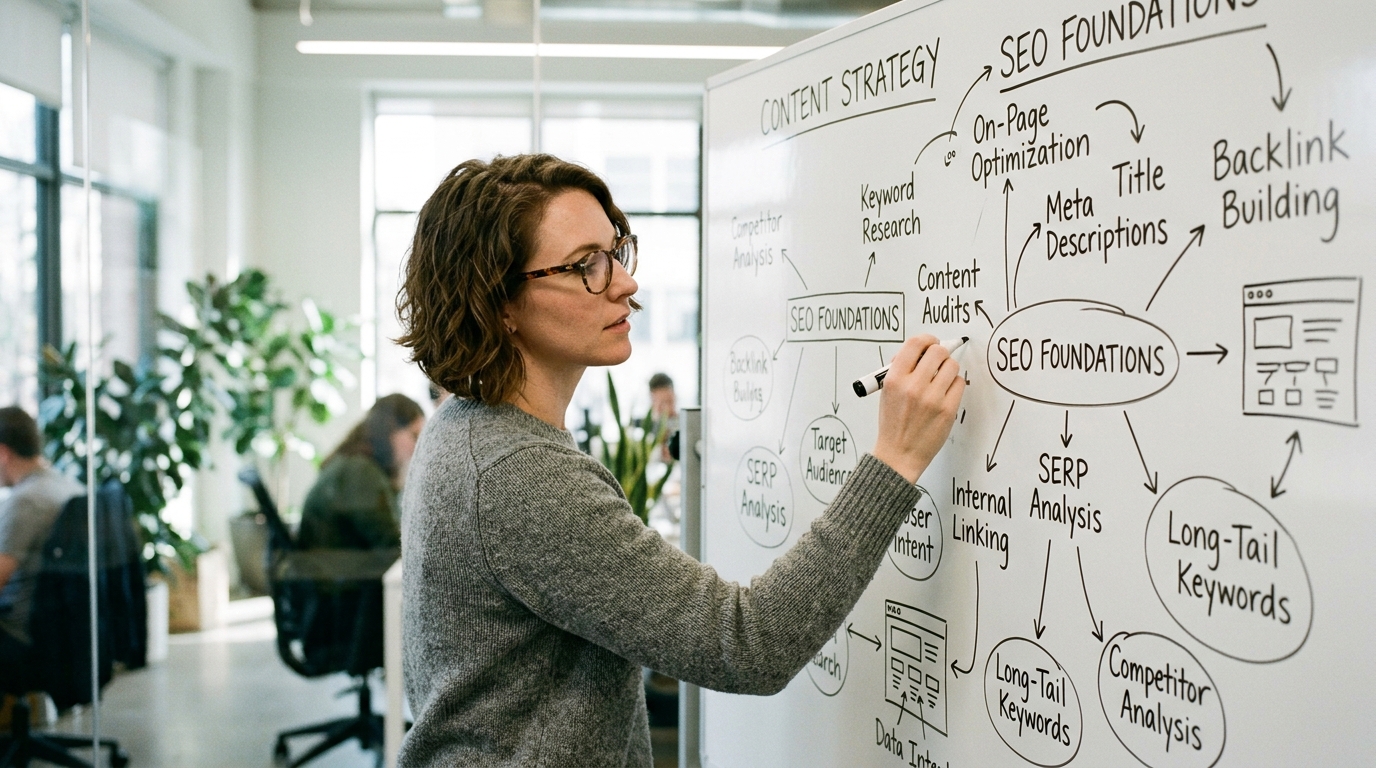 A content strategist outlines a blog post on a large whiteboard in a bright, modern office.