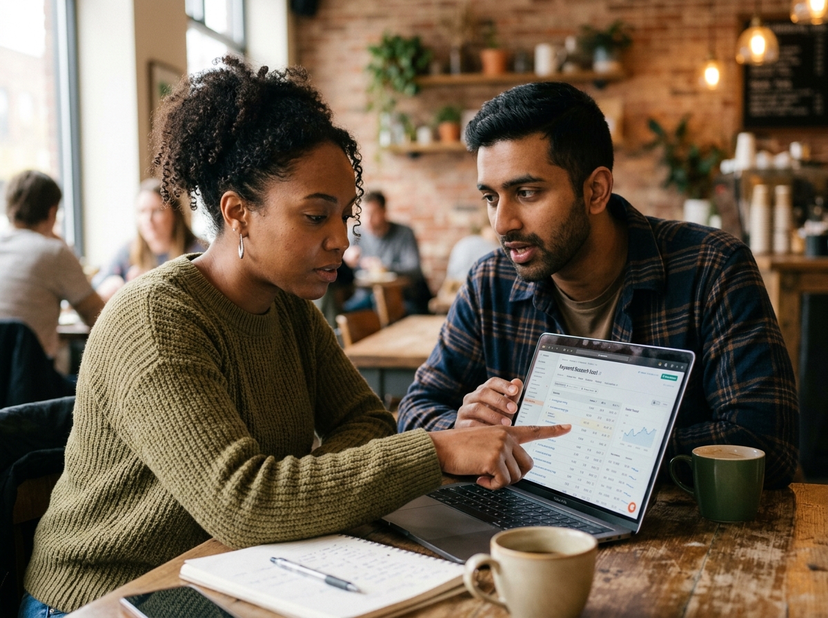 Two small business owners collaborating on keyword research for their blog on a laptop.