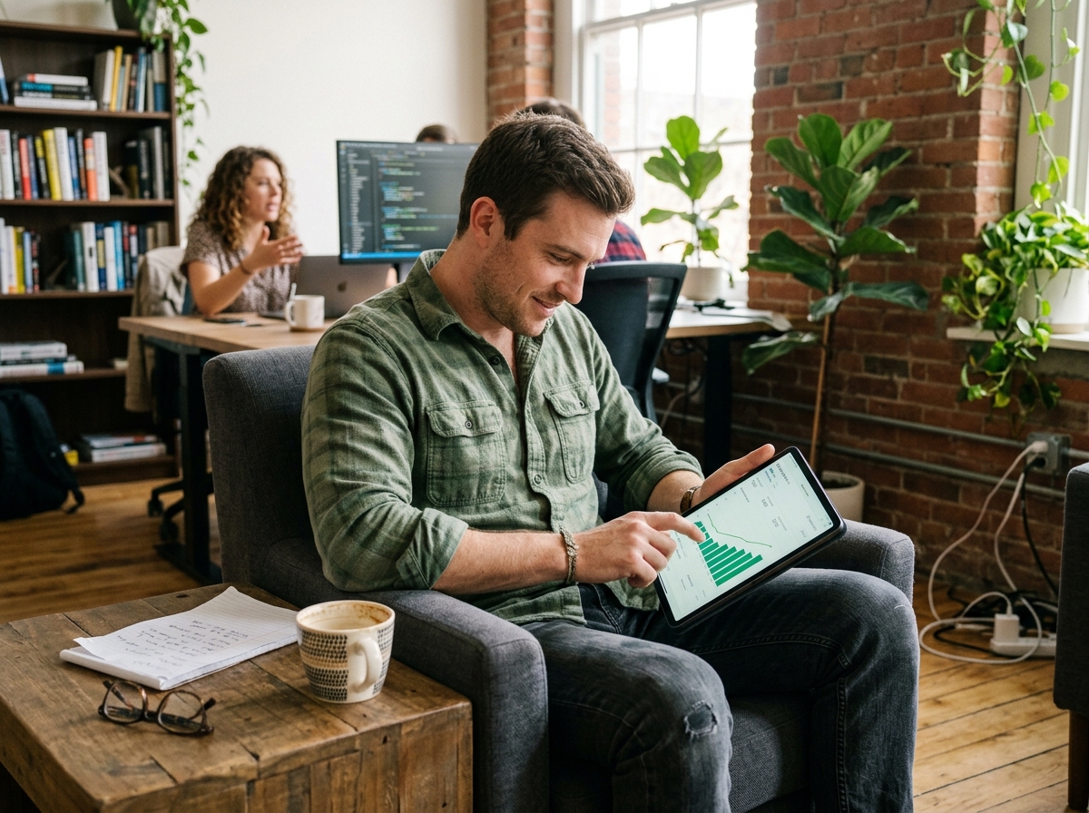 A startup founder reviewing a Google Analytics dashboard showing organic traffic growth on a tablet.