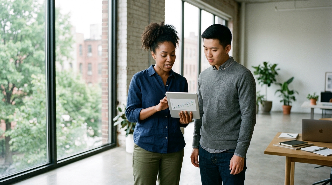 A small business owner and a content strategist collaborating in a bright, modern office, looking at a tablet displaying SEO analytics.