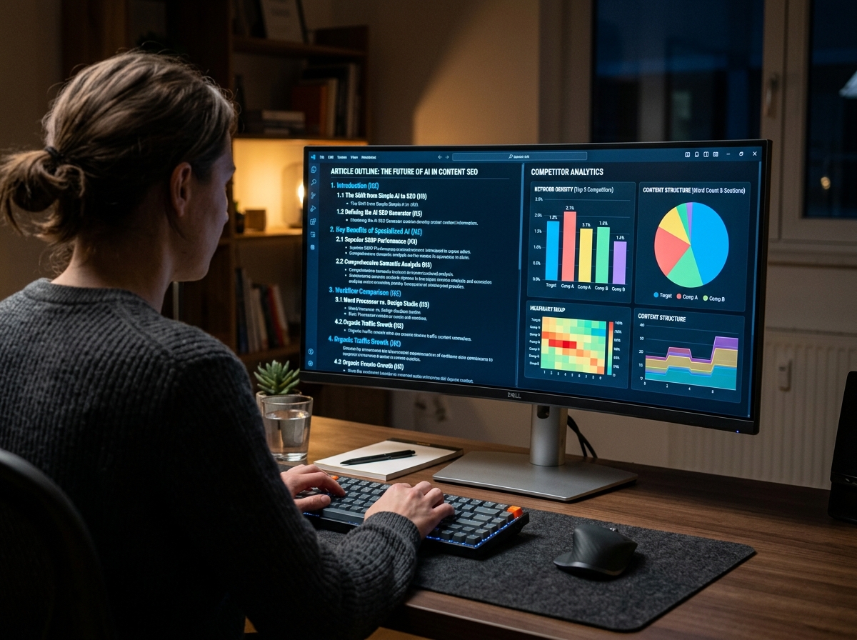 A close-up shot of a computer screen showing an AI-generated article outline next to a list of competitor analysis data points.