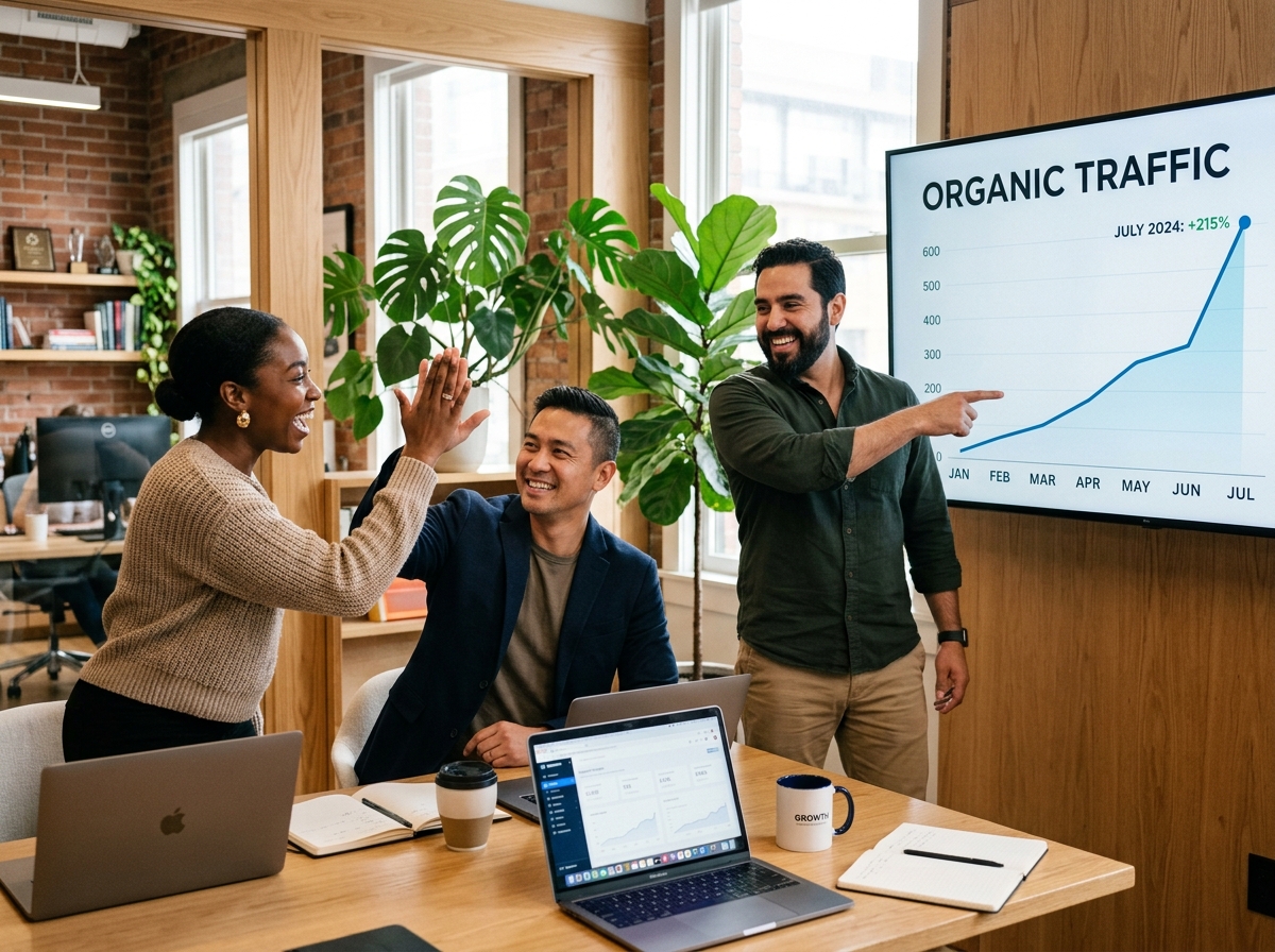 A marketing team celebrating around a conference table as they review a chart showing a sharp increase in organic traffic.