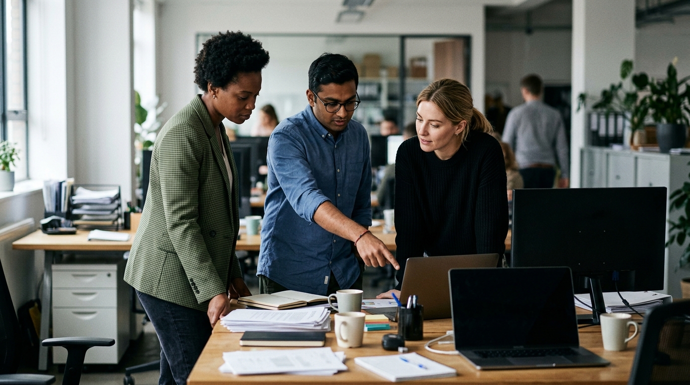 A diverse team of content strategists collaborating around a large monitor displaying SEO keyword data in a modern, sunlit office.