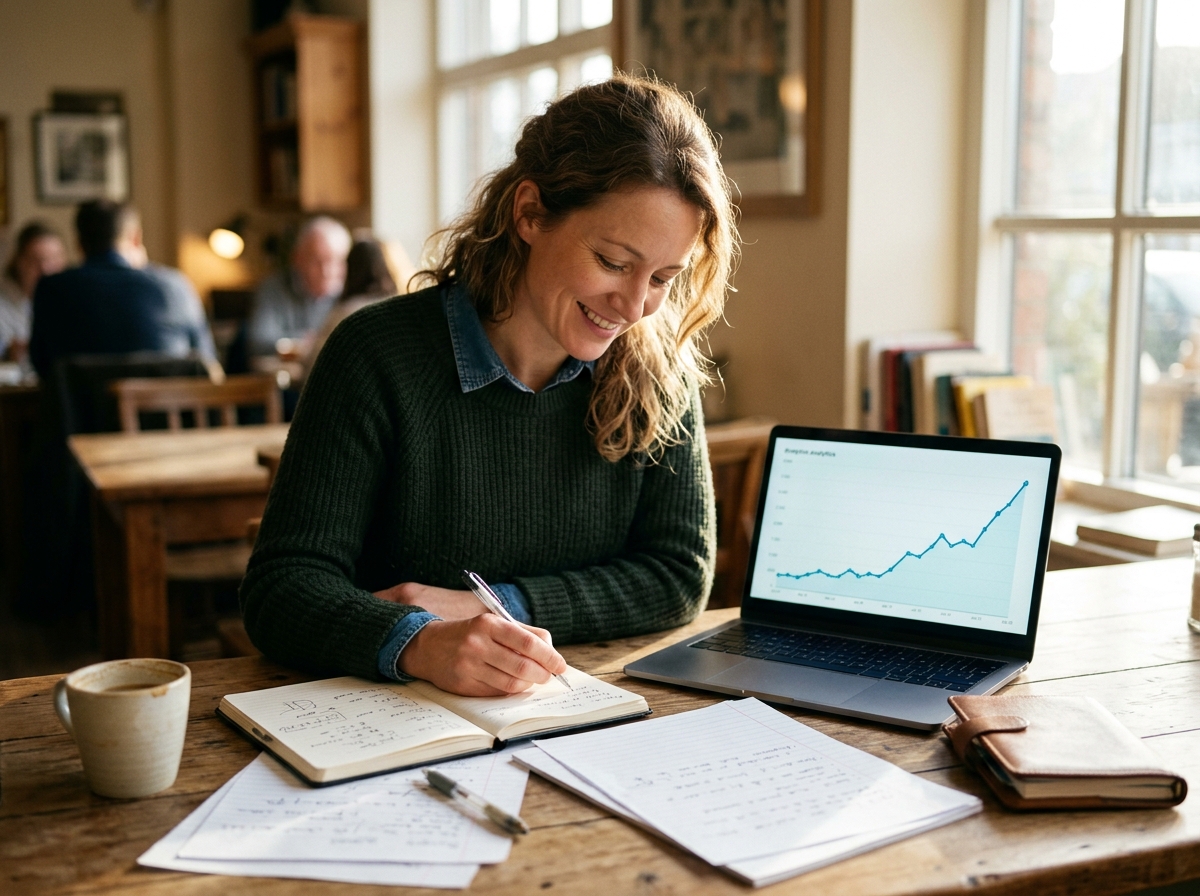 A small business owner smiling as they review a graph showing upward organic traffic growth on their laptop in a cozy cafe.