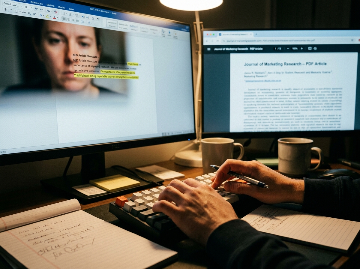 A freelance content writer meticulously checking sources and highlighting text on her screen, ensuring the E-E-A-T of an article.