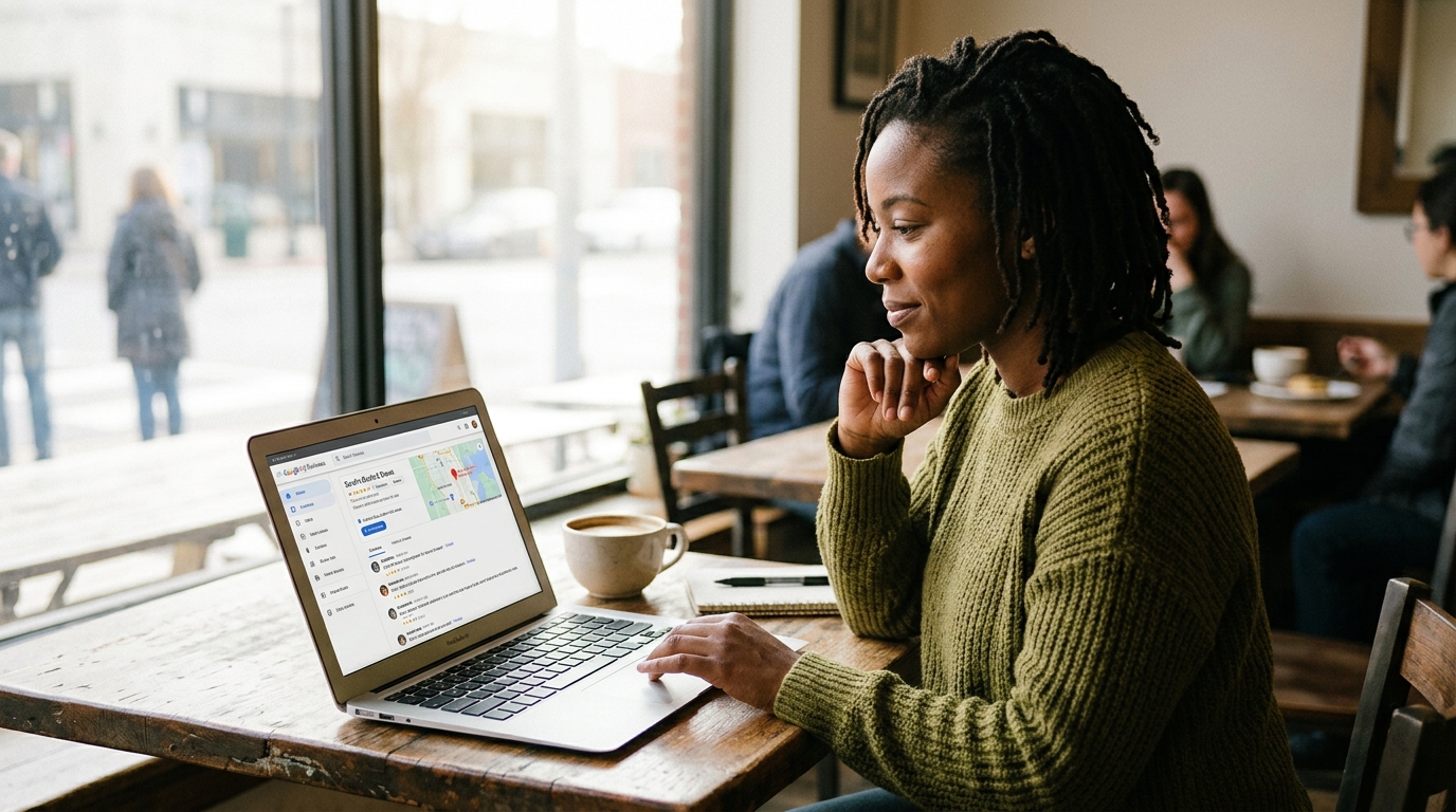 A small business owner reviewing their local SEO performance on a laptop in their coffee shop.
