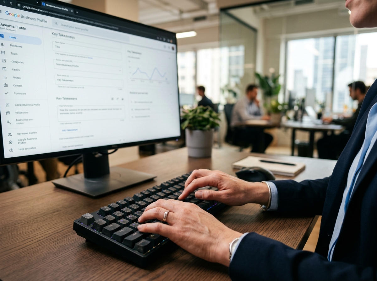A marketing manager optimizing a Google Business Profile on a desktop computer.