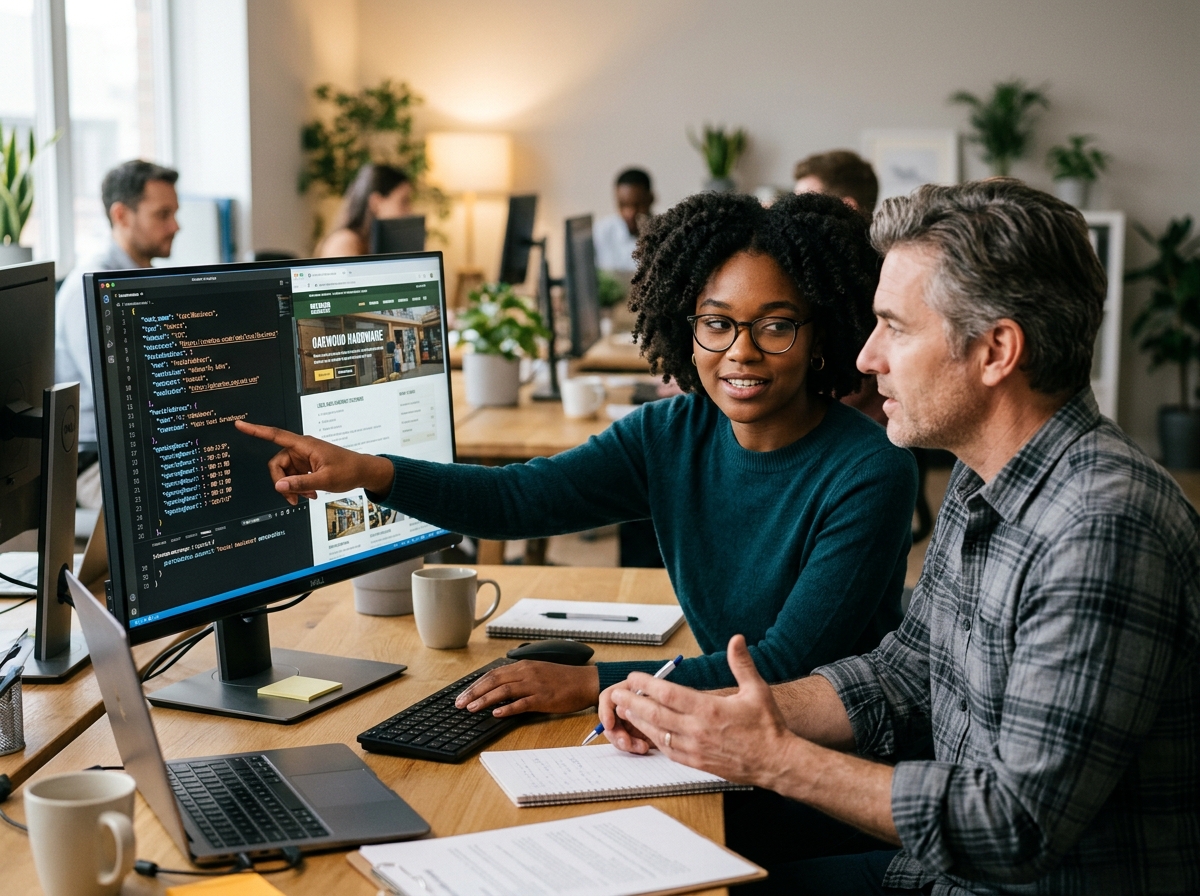 A web developer and a business owner collaborating on schema markup for a local business website.