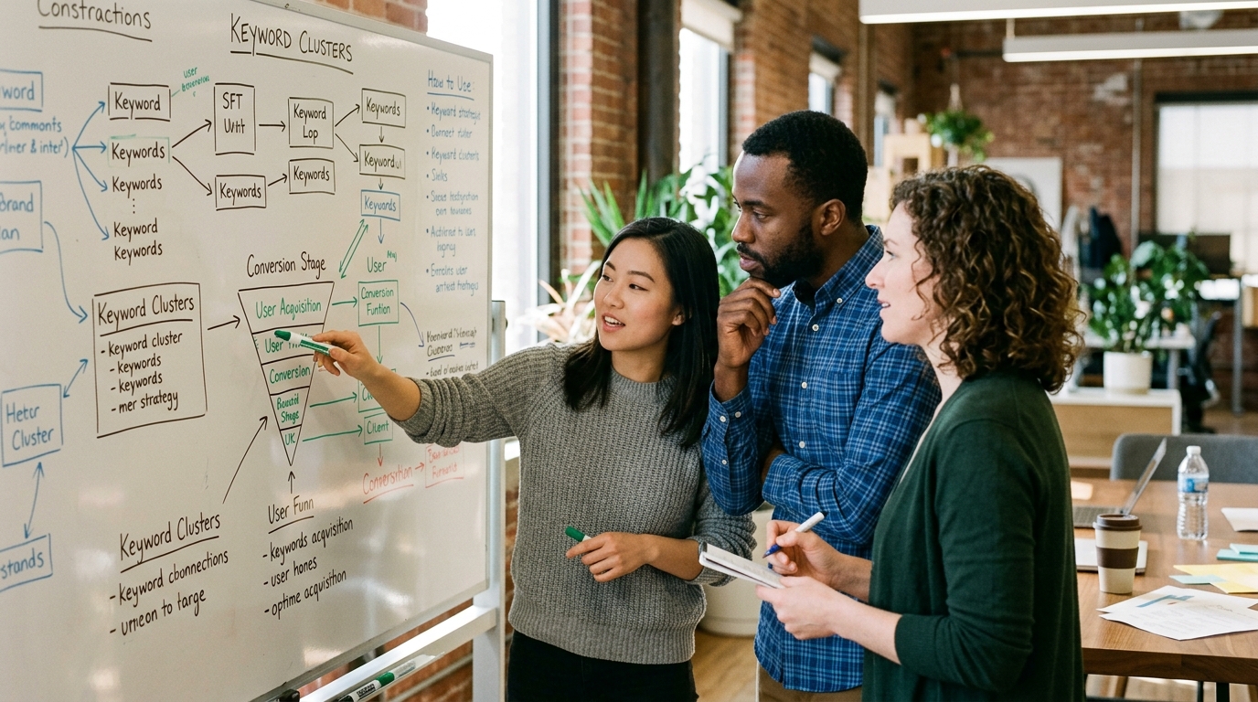 A diverse team of startup founders collaborating on an SEO content strategy around a large whiteboard.