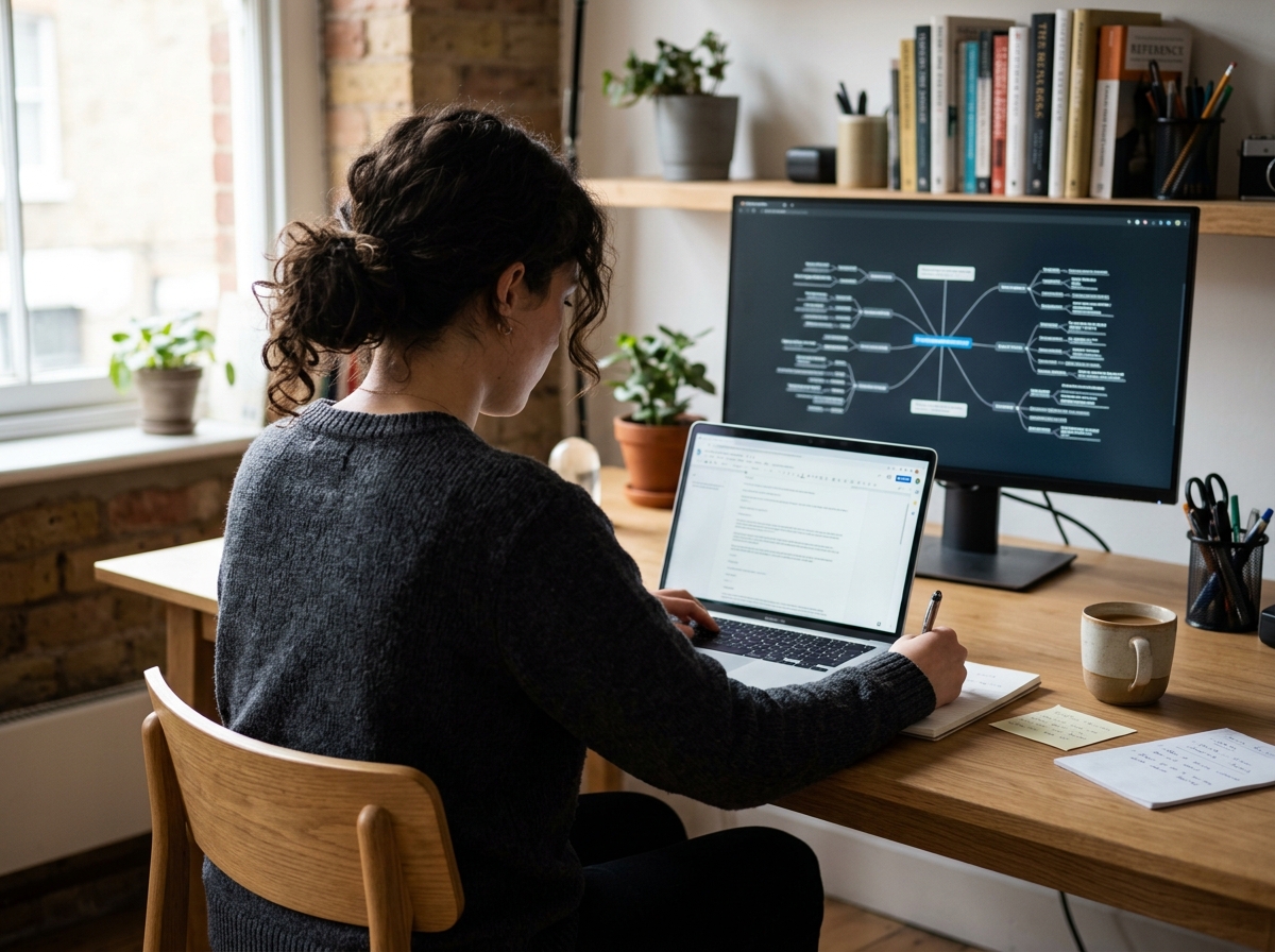 A professional content writer focusing on crafting an engaging SEO article on their laptop.