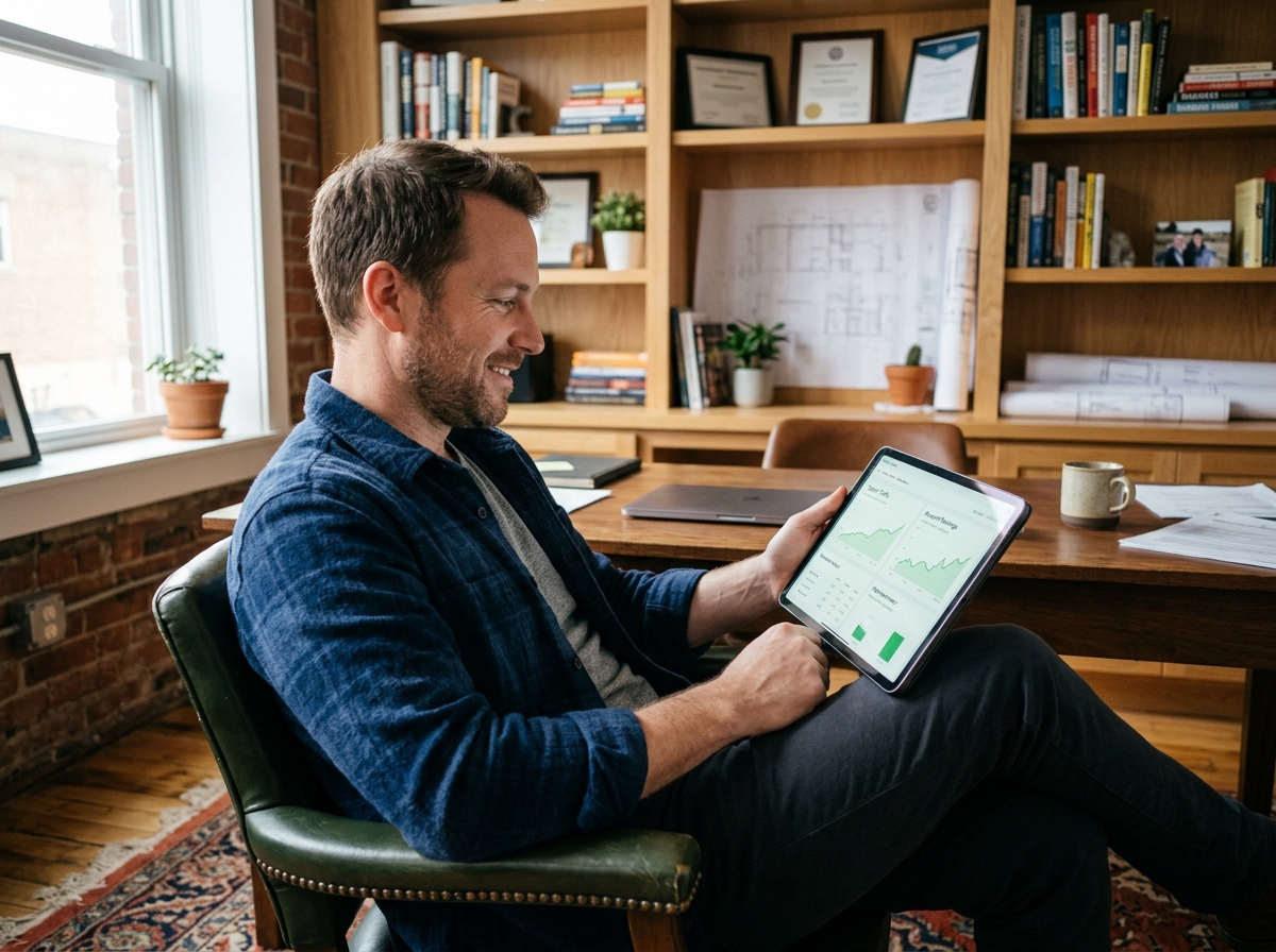 A small business owner reviewing a positive SEO performance dashboard on a tablet.
