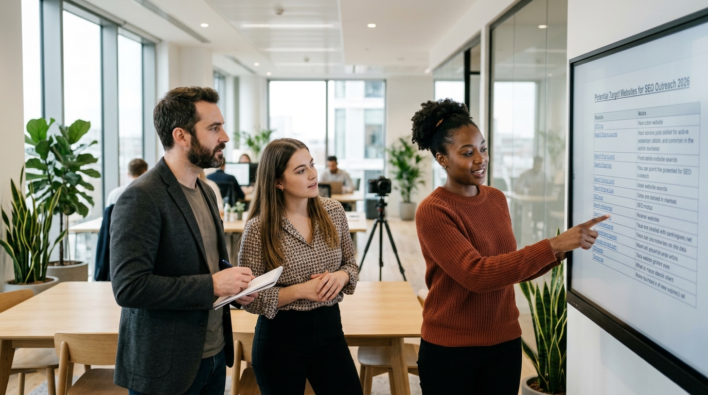 A marketing team collaborating on an article submission strategy in a modern office.