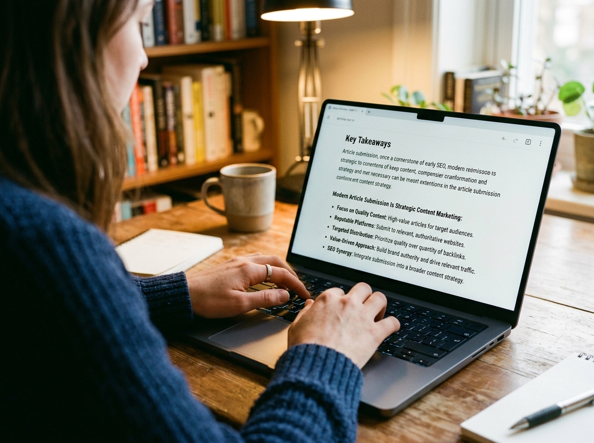 A content creator carefully crafting an SEO-optimized article on their laptop.