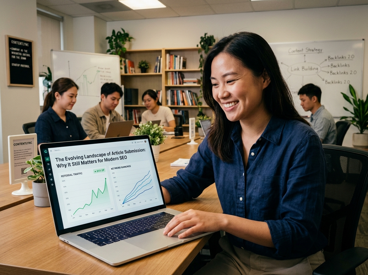 A startup founder looking at a dashboard showing positive SEO growth from their article submission efforts.