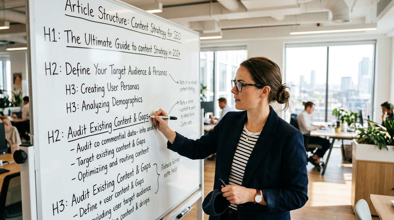Une stratège de contenu SEO planifiant la structure d'un article sur un tableau blanc dans un bureau moderne.