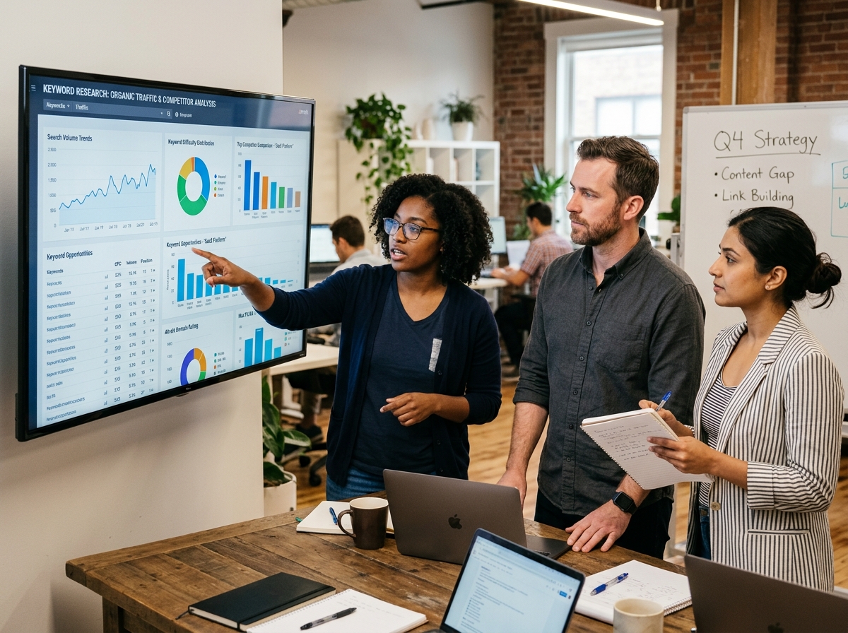 Une équipe marketing analysant les données de mots-clés et de concurrence sur un grand écran.