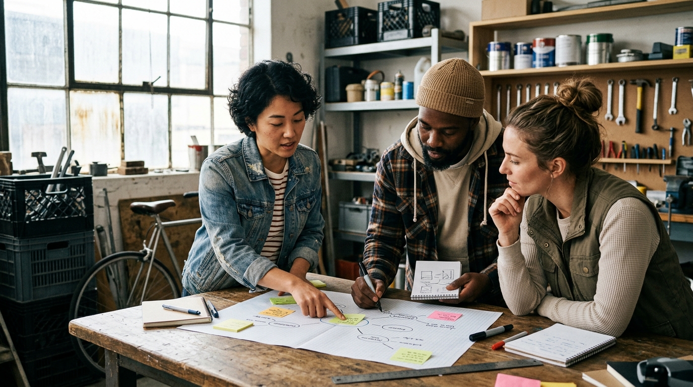 A diverse marketing team collaborating around a large whiteboard, mapping out an article marketing content strategy.