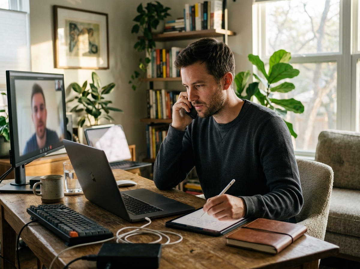 A solo founder in a home office conducting a video call with a customer to understand their pain points for content creation.