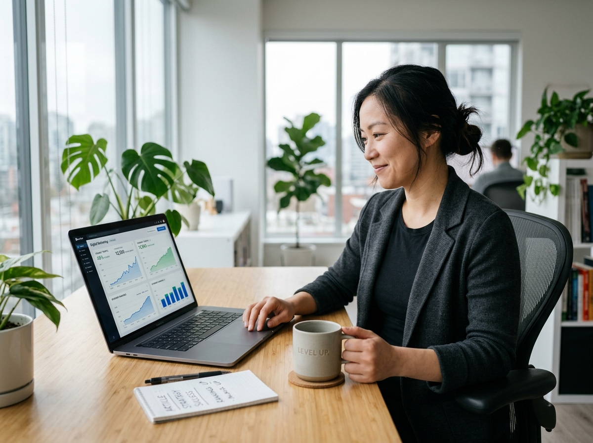 A small agency owner smiling as she reviews a positive SEO performance dashboard on her laptop, showing the success of her AI-powered articl
