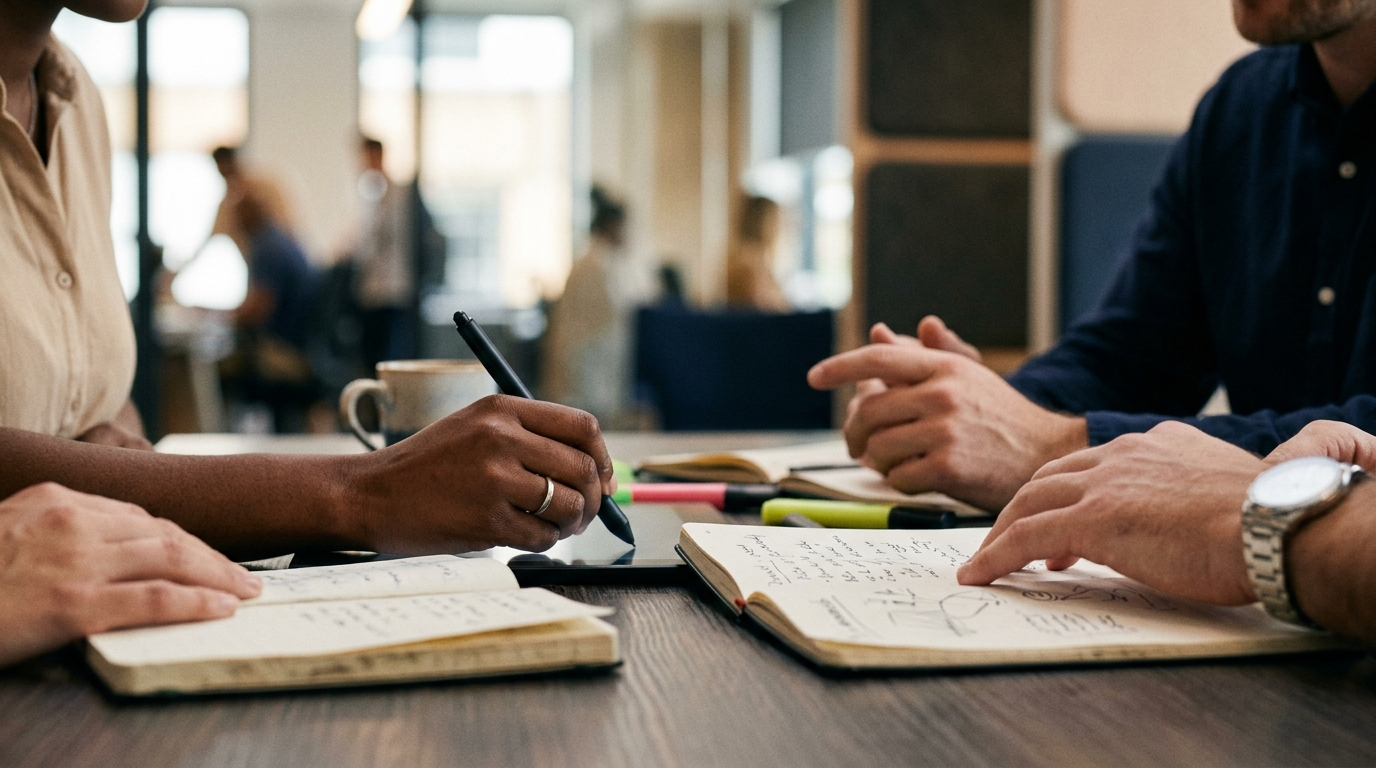 A diverse team of marketing executives strategizing around a digital whiteboard showing SEO data.