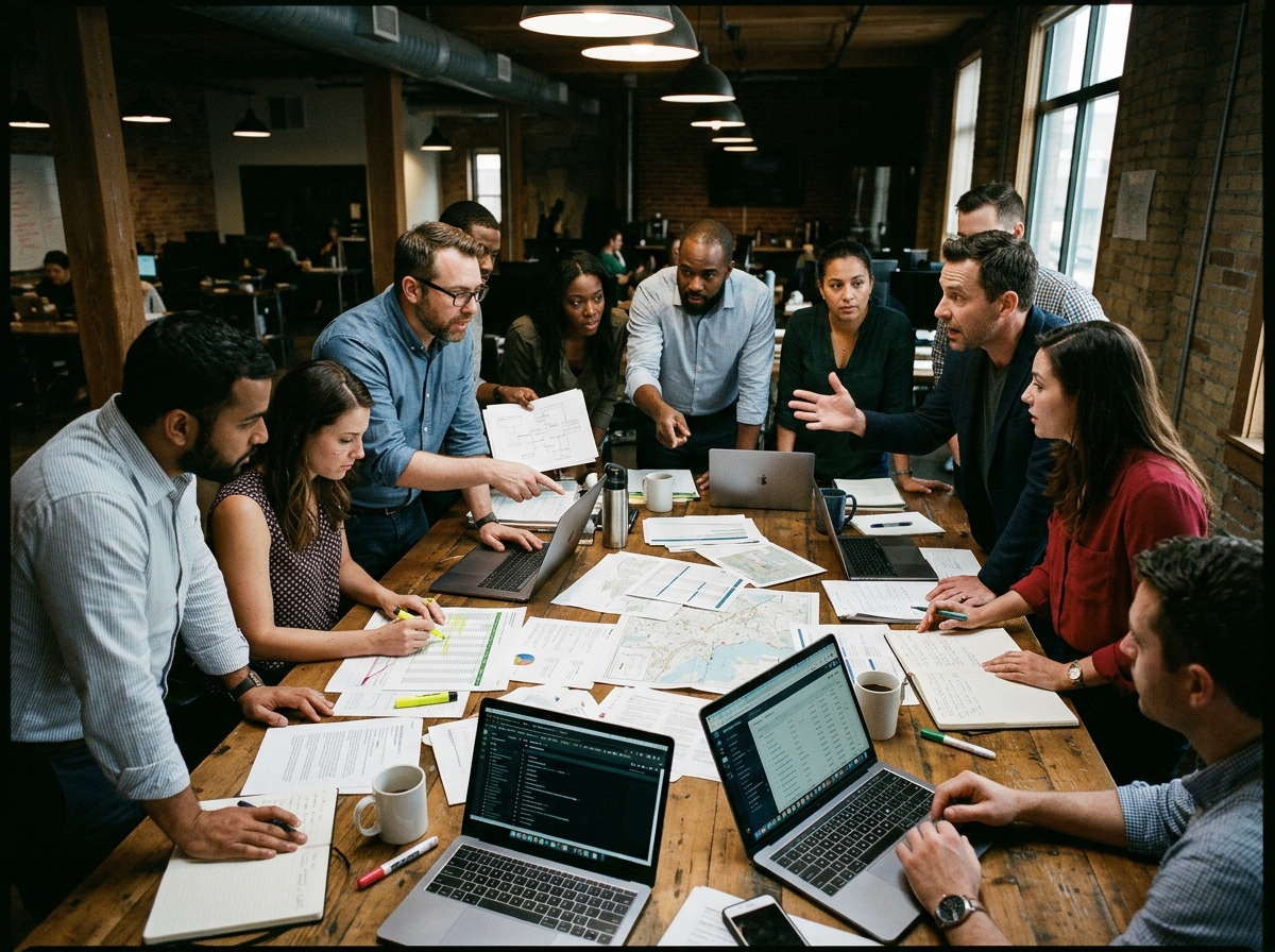 An overhead view of a cross-functional team meeting to discuss enterprise SEO planning.