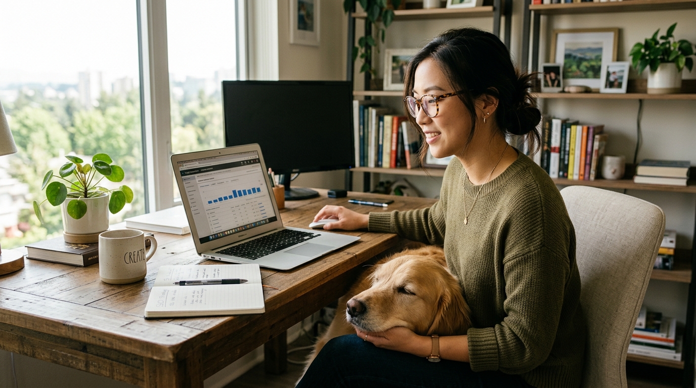 Une propriétaire de petite entreprise e-commerce analyse des mots-clés SEO pour des produits pour chiens sur son ordinateur portable, avec s